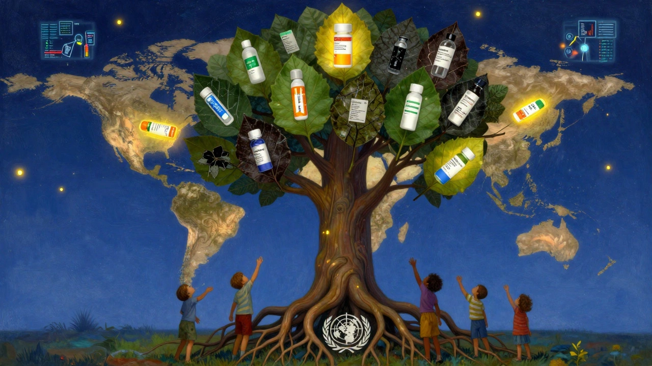 Arbre géant aux racines de l&#039;OMS, avec des feuilles-médicaments certaines endommagées, des enfants tendant les mains vers le haut.