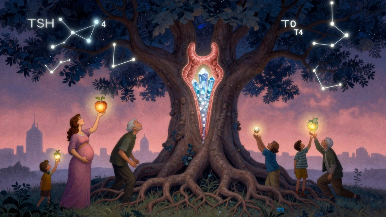 Arbre géant aux racines en forme de thyroïde, avec des fruits d&#039;iode récoltés par des personnes de différents âges.