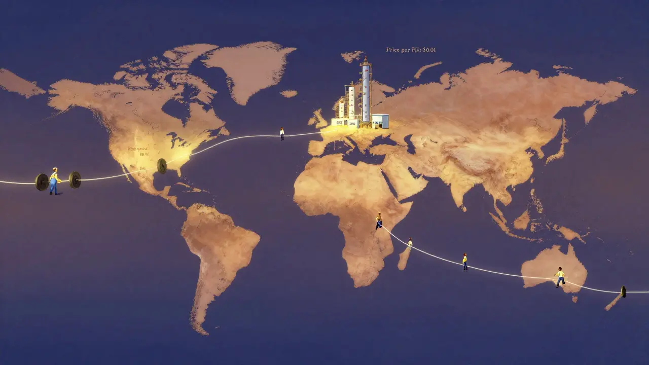 Chaîne d'approvisionnement mondiale fragile reliant une usine en Chine à un hôpital aux États-Unis, avec des ruptures lumineuses.