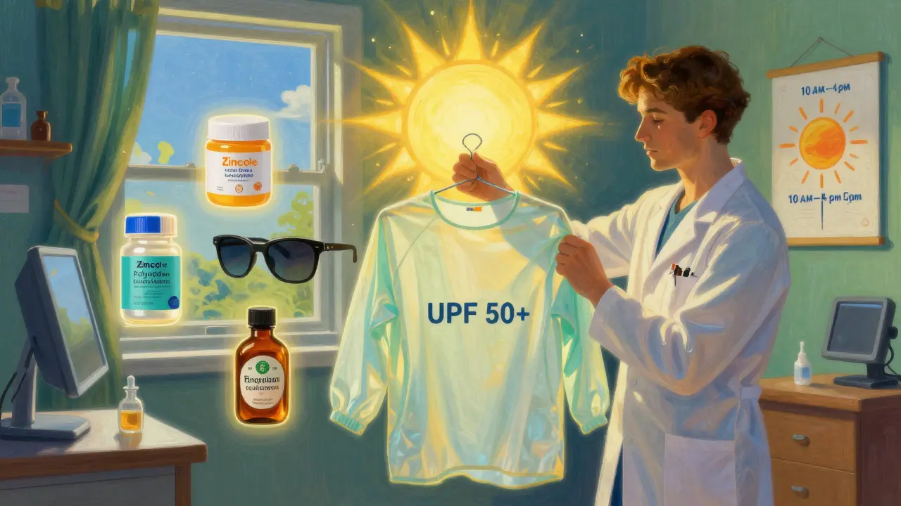 Consultation dermatologique avec des éléments de protection solaire flottants : crème minérale, lunettes, film UV et compléments.