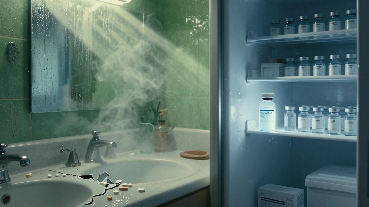 Contraste entre une salle de bain humide où les comprimés fondent et un placard sec où ils sont stockés en sécurité.