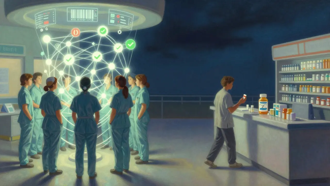 Contraste symbolique entre systèmes de sécurité hospitaliers et patient isolé en pharmacie.