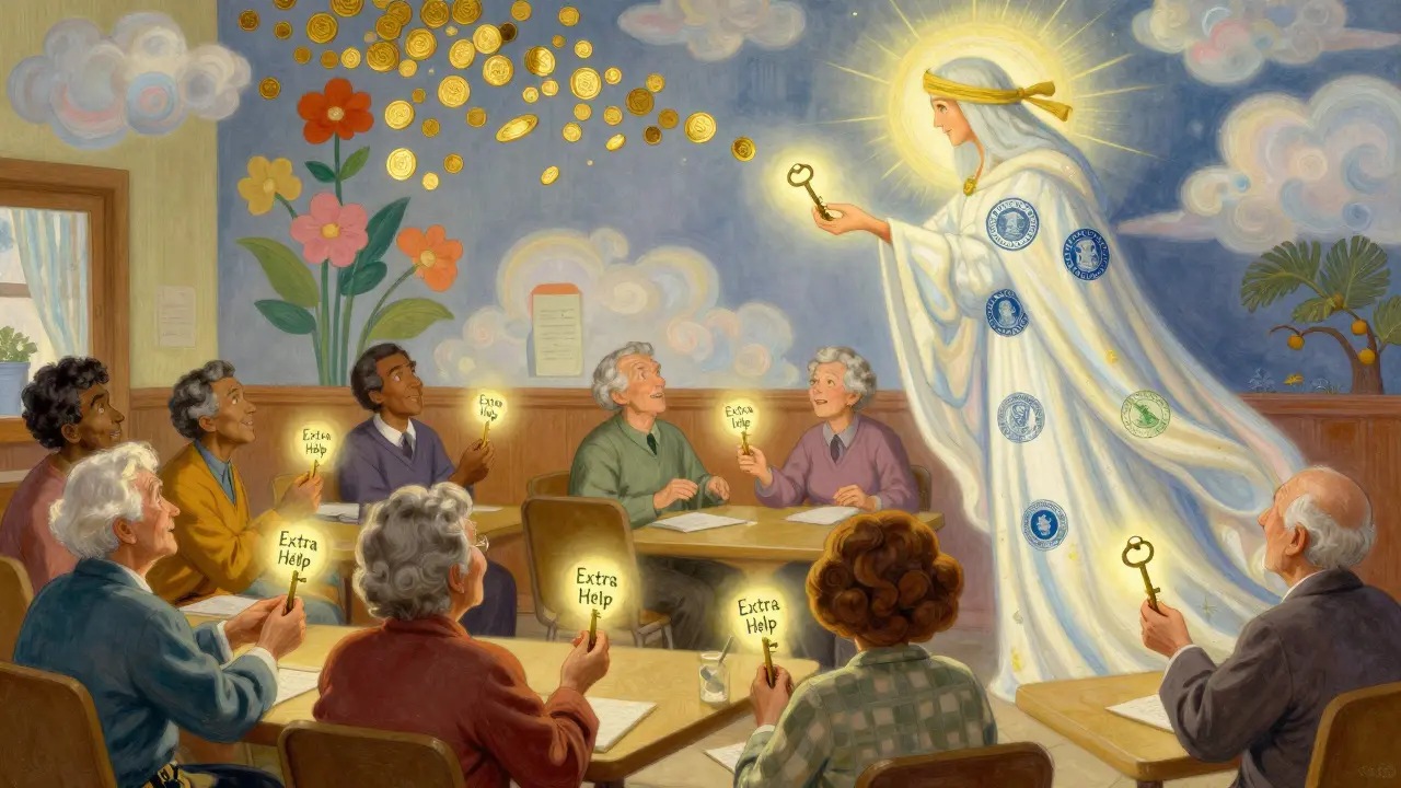 Des aînés reçoivent des clés lumineuses 'Extra Help' dans un centre communautaire, derrière eux une fresque montre des pièces qui deviennent des fleurs sous une lumière céleste.