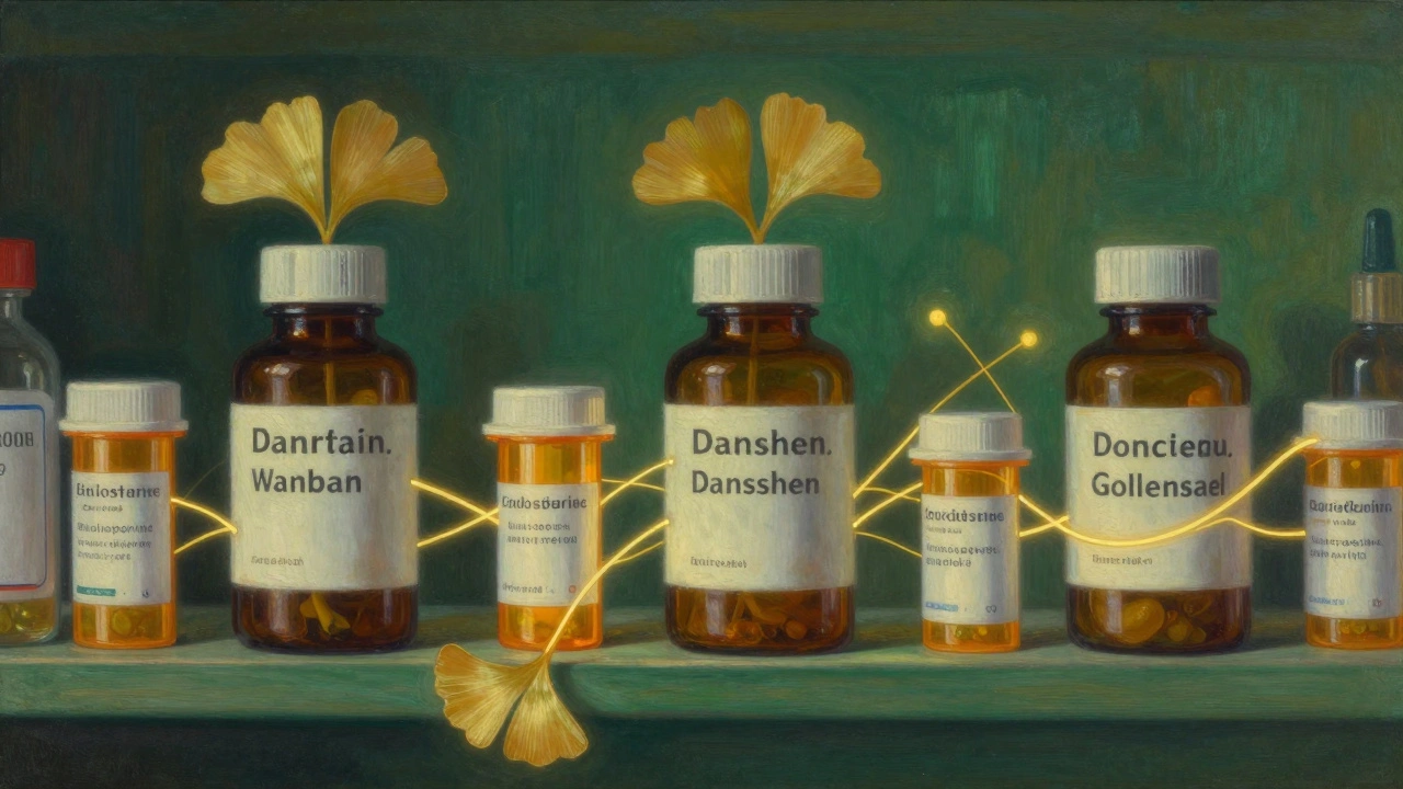 Des compléments herbals émettent des halos qui se mêlent dangereusement à des médicaments sur une étagère de pharmacie.