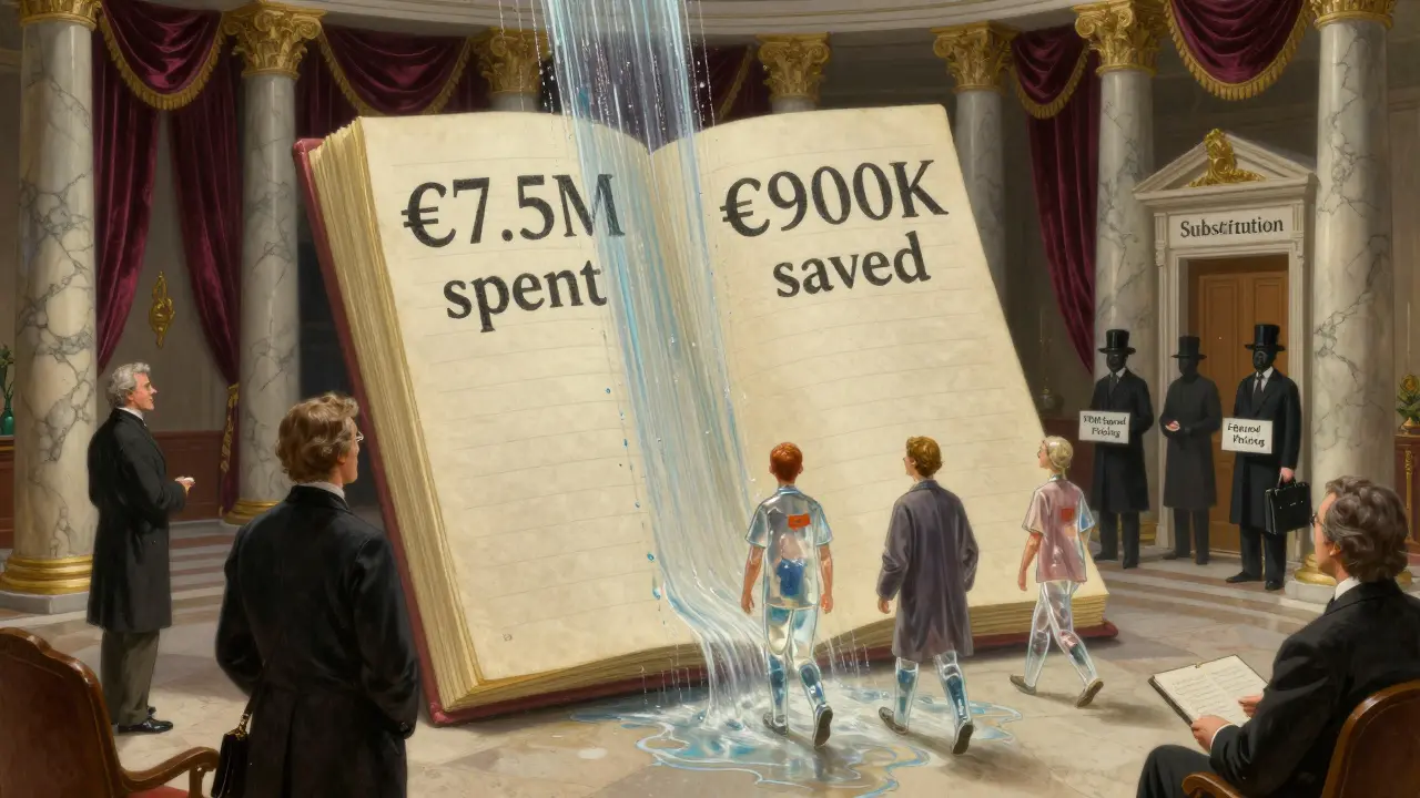 Des savants débattent devant un tableau flottant montrant des économies de 88 % sur les génériques, entourés d'ombres de gestionnaires pharmaceutiques.