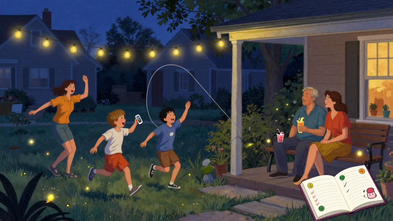 Enfants et parents dansant ensemble au crépuscule dans un jardin, sans écrans, entourés de lumière douce.