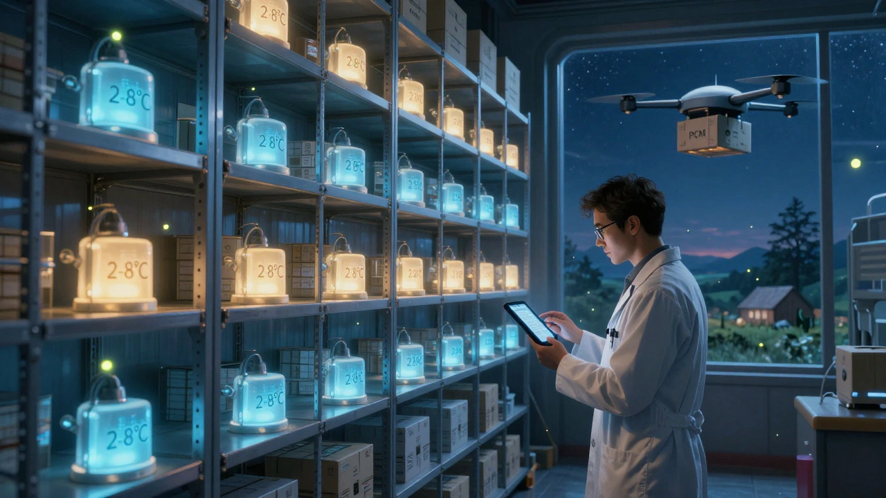 Entrepôt pharmaceutique avec des capteurs IoT lumineux et des boîtiers à changement de phase en transit vers une zone isolée.