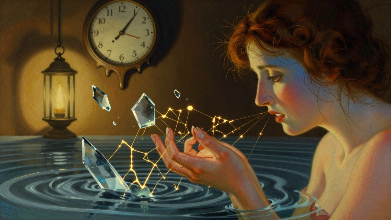 Femme touchant sa main enflée, ondes de douleur visibles, peau bicolore, horloge fondante, éclairage doux.