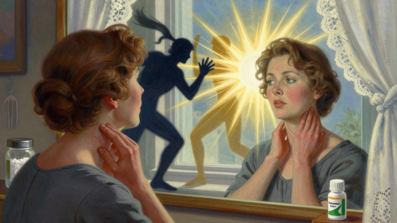 Femme vérifiant un goître au cou, entourée de symboles des maladies auto-immunes sous une lumière douce du matin.