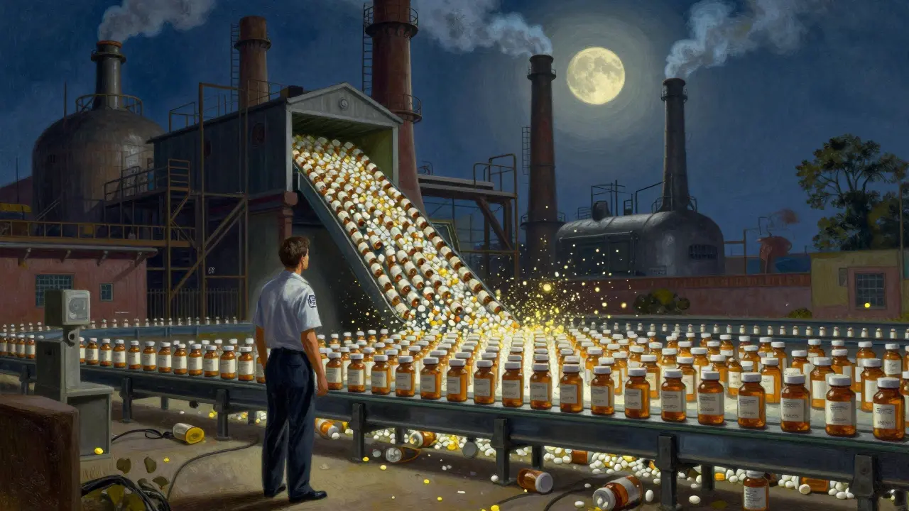 Inspecteur de la FDA face à une usine ancienne en Inde, des comprimés tombant dans le vide sous une lumière lunaire.