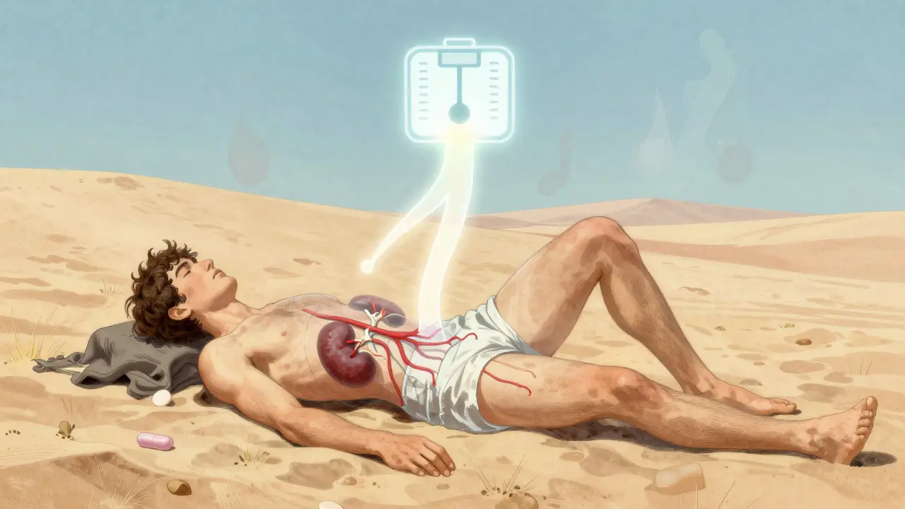 Jeune personne dans le désert avec des signes de lésion rénale : fluides, médicaments et échelle de créatinine.