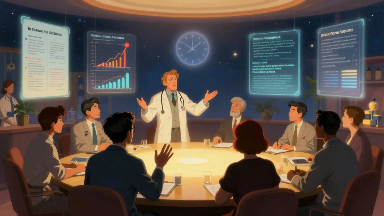 Médecin et conseiller d'assurance discutent lors d'une évaluation par un pair, entourés de données médicales flottantes.