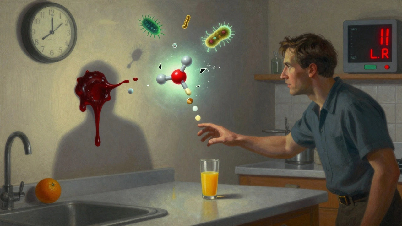 Ombre de caillot sanguin sur un mur, tandis qu&#039;une pilule détruit des bactéries intestinales.