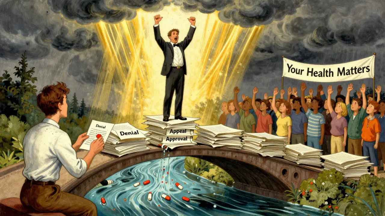 Patient célèbre l'approbation de son recours externe, marchant sur un pont de documents médicaux sous un ciel éclairé.