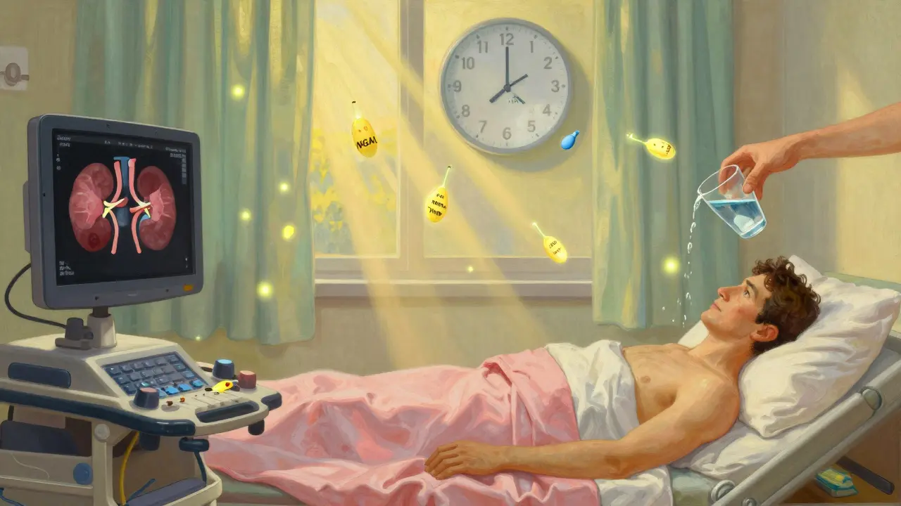 Patient dans une chambre d'hôpital au lever du soleil, échographie rénale et biomarqueurs flottants.