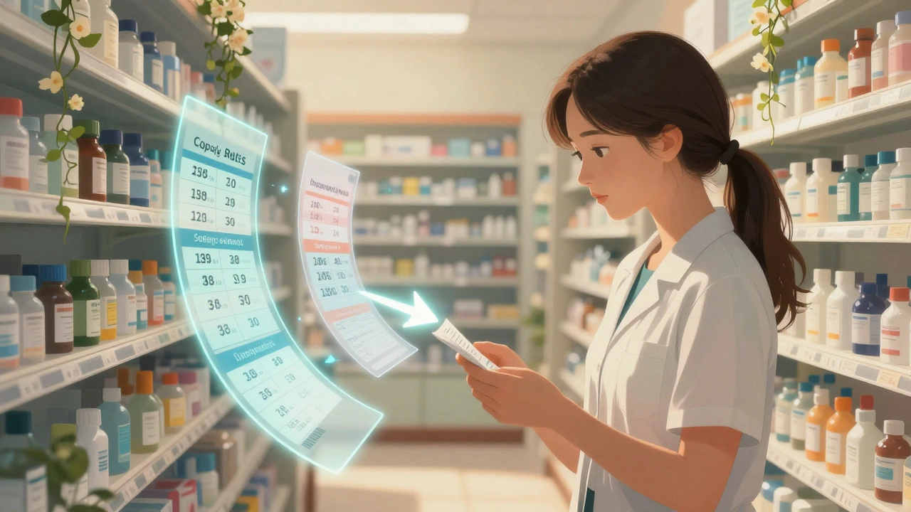 Patient dans une pharmacie entouré de panneaux flottants affichant les coûts réels des médicaments.