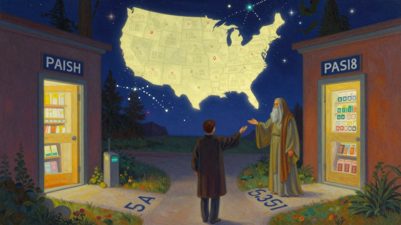 Personne choisissant entre trois pharmacies, guidée par une carte céleste de prix comparés.