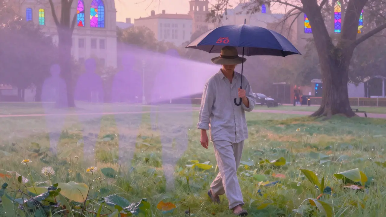 Personne marchant au lever du soleil sous une ombrelle anti-UV, les rayons UVA se dissipent contre sa protection.