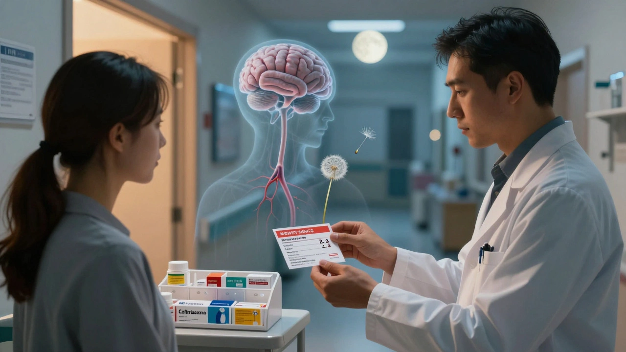 Pharmacien pose des antibiotiques sûrs près d&#039;un patient, avec des dangers sanguins flottant en arrière-plan.