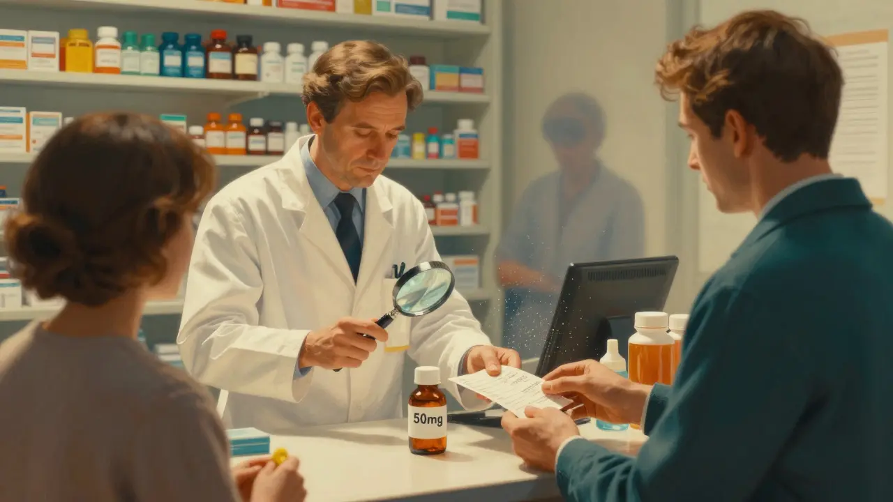 Pharmacien remettant une ordonnance erronée à un patient, une étiquette mal étiquetée en évidence.