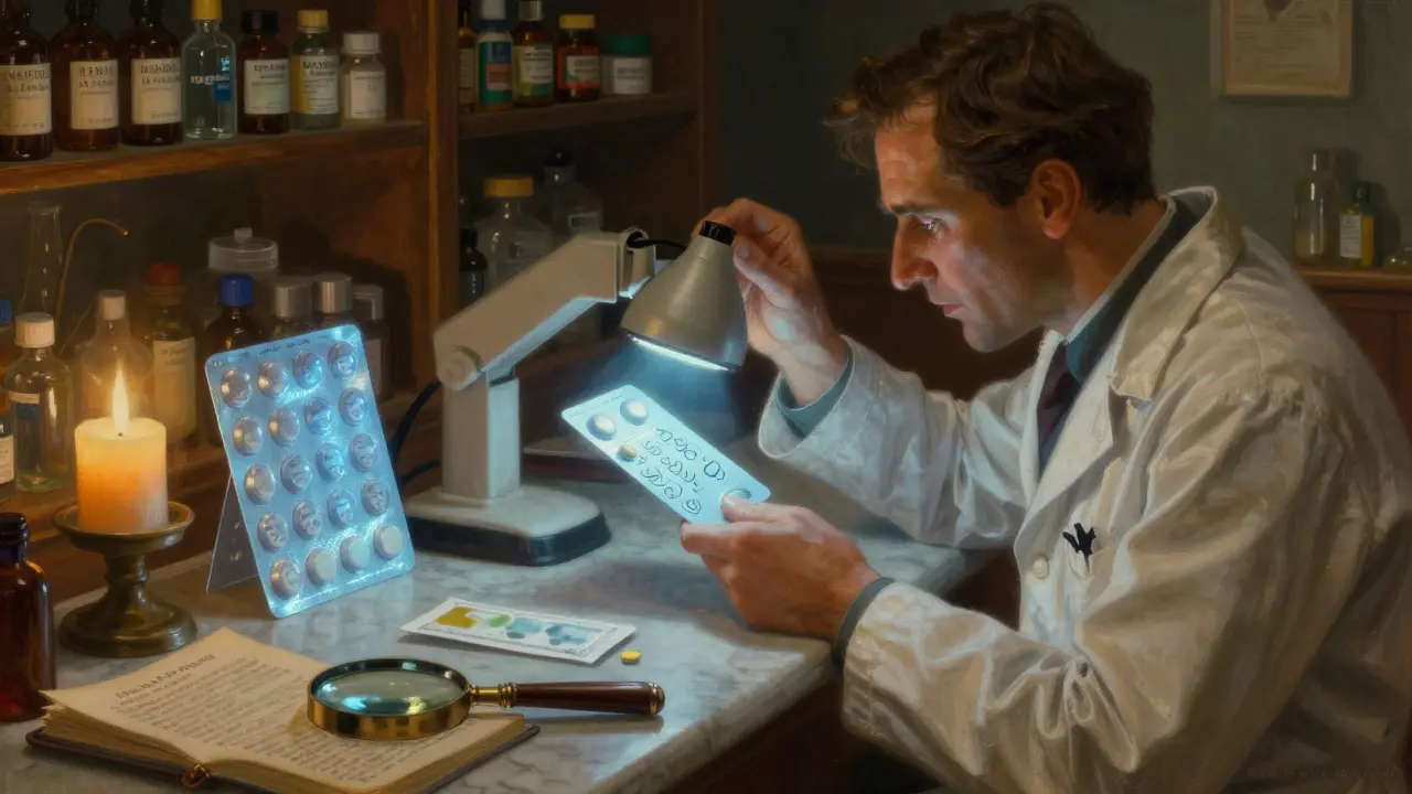Pharmacien vérifiant un médicament sous lampe UV, révélant des motifs cachés sur un emballage authentique.