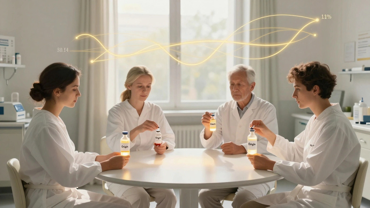 Quatre patients dans une salle clinique reçoivent des comprimés sous des courbes lumineuses symbolisant la bioéquivalence stricte.