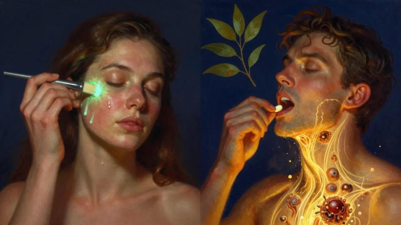 Scène comparant traitement topique et oral, avec des lumières dorées pénétrant la peau et le corps, dans un style pictural lumineux.