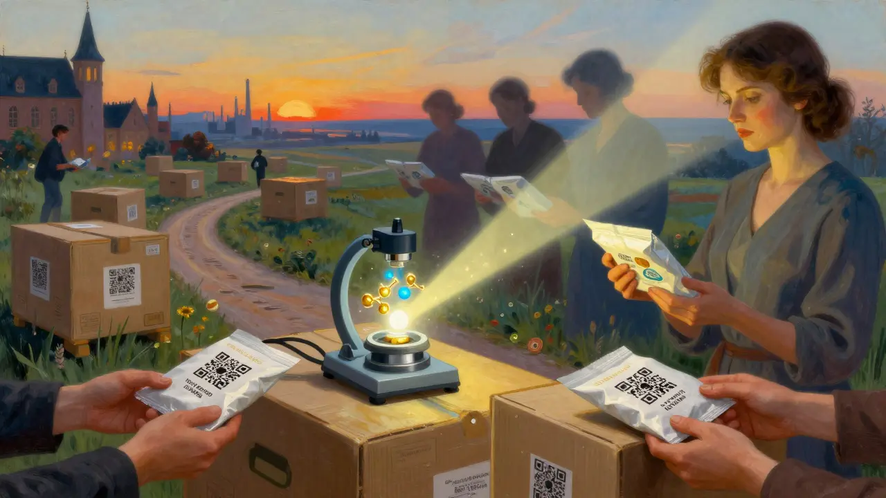Spectromètre illuminant une pilule pour révéler sa composition chimique, entouré de chaînes d'approvisionnement floues.