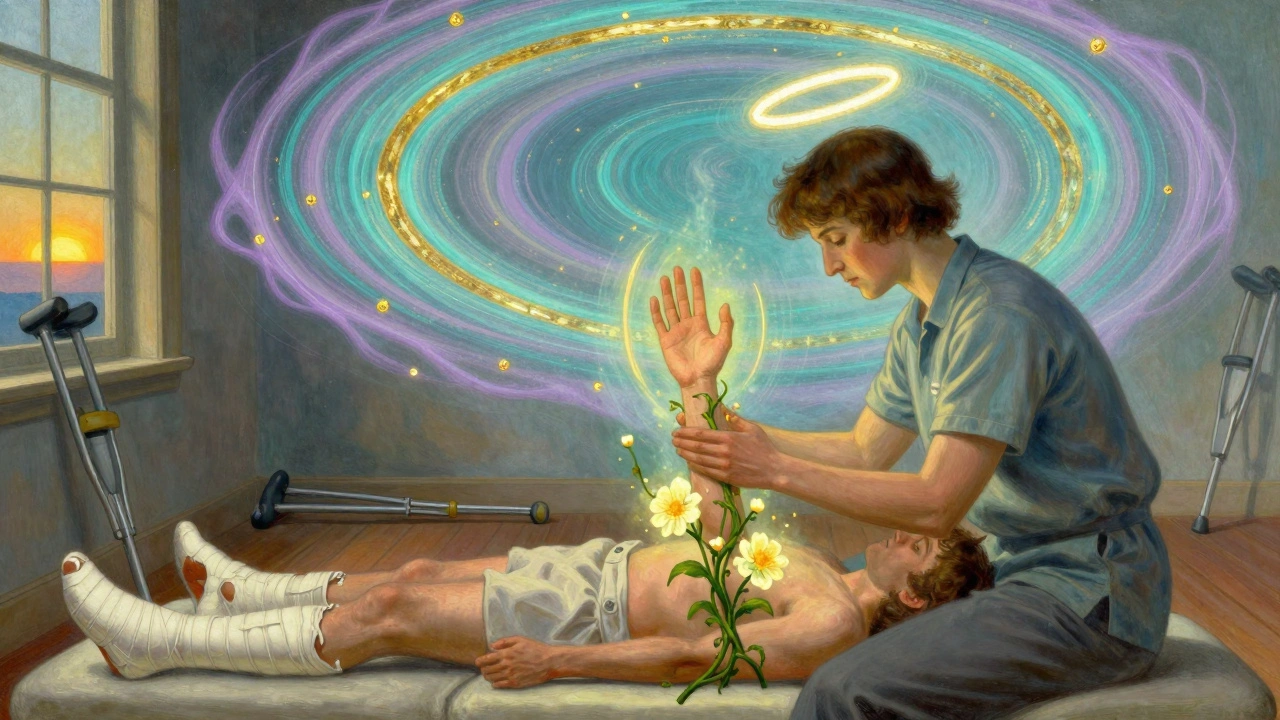 Thérapeute guidant la main du patient, énergie guérissante en halo, vignes florales poussant de la paume, aube au loin.