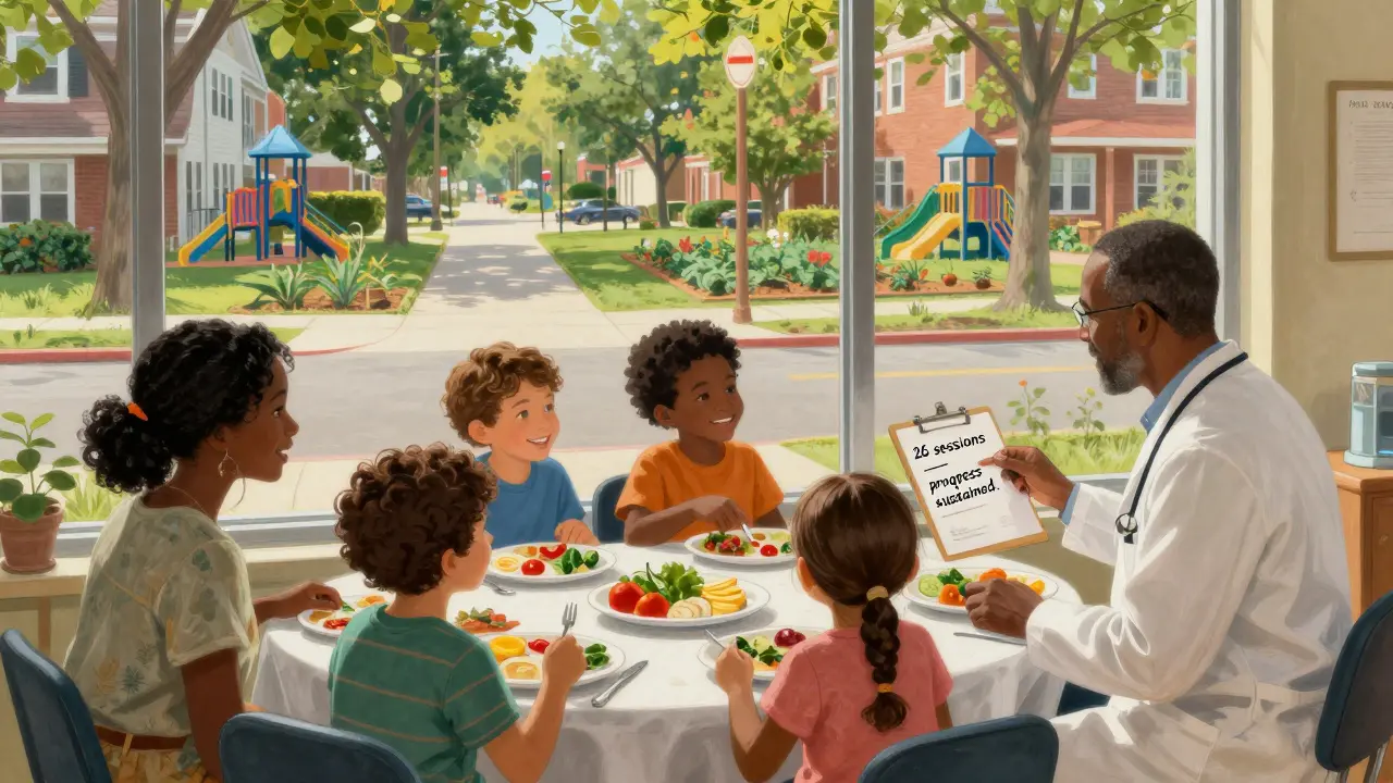 Un coach et trois familles partagent un repas communautaire, entourés d’un quartier accueillant et d’un jardin partagé.