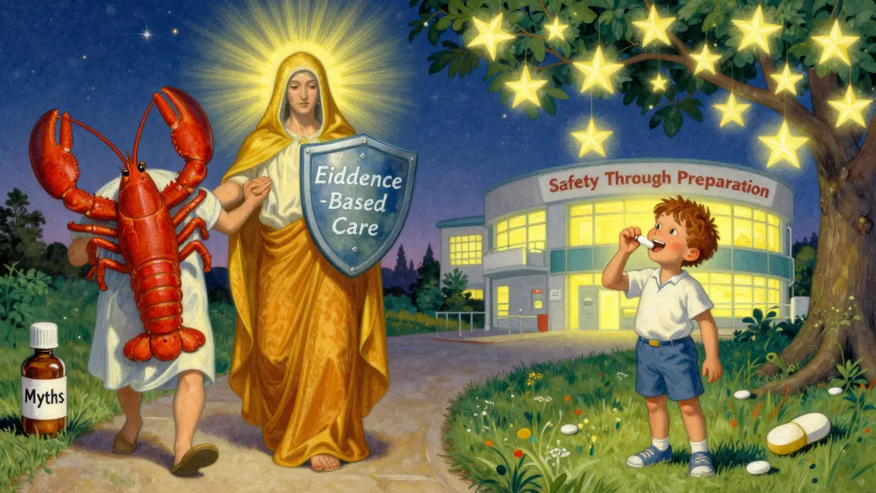 Un enfant prend un médicament en toute sécurité sous un ciel étoilé, tandis que des mythes sur les allergies sont repoussés par une lumière éclatante.