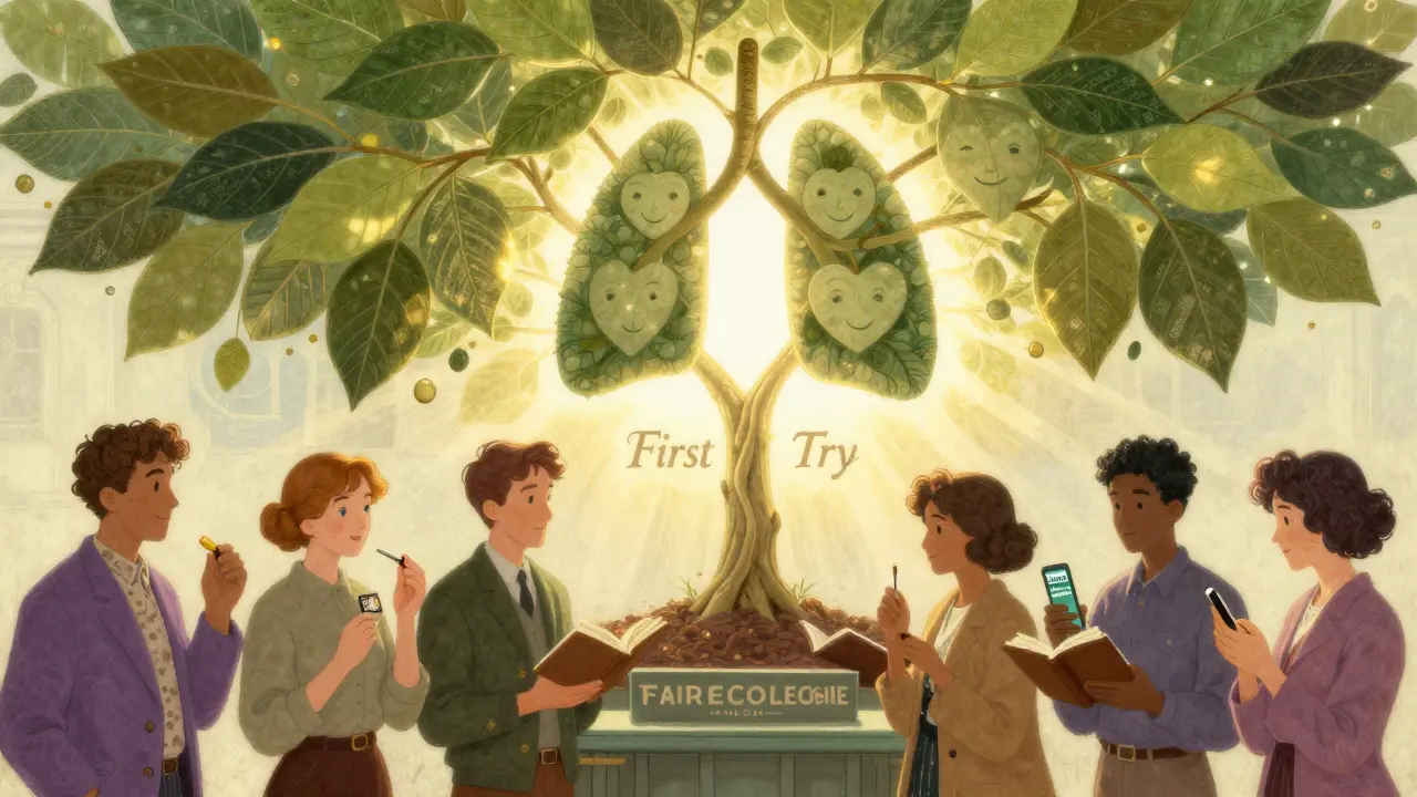 Un groupe diversifié dans un centre de tabacologie, une arbre lumineux pousse avec des poumons et des cœurs sur ses branches.