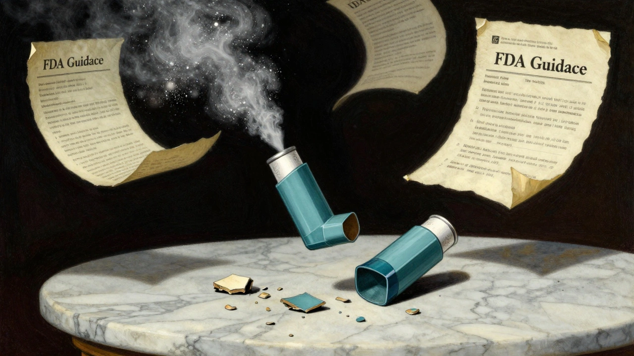 Un inhalateur libère une brume de particules lumineuses, tandis qu&#039;une version cassée repose sur une table.