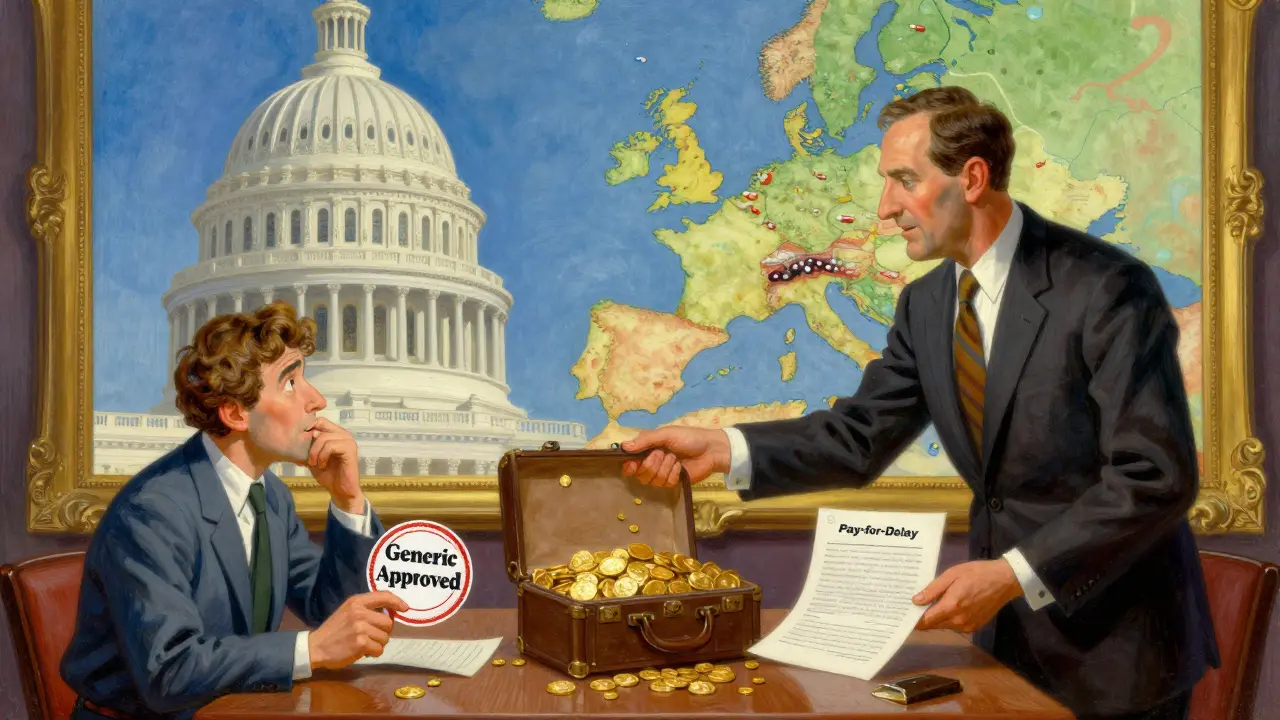 Un laboratoire paie un fabricant de génériques pour retarder son entrée sur le marché, tandis qu'en arrière-plan, l'Europe accepte librement les génériques.