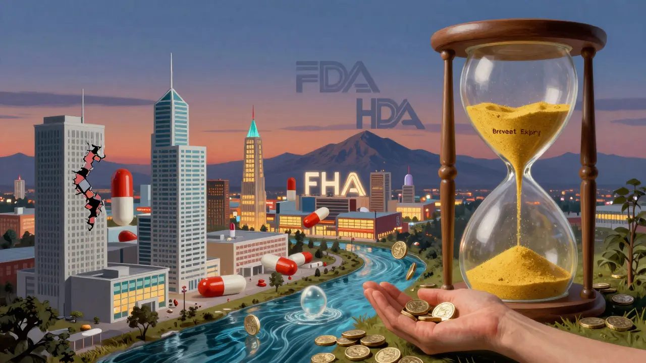 Un marché pharmaceutique fantastique où des pilules géantes s'effondrent sous l'expiration des brevets, tandis que des pièces tombent vers des patients.