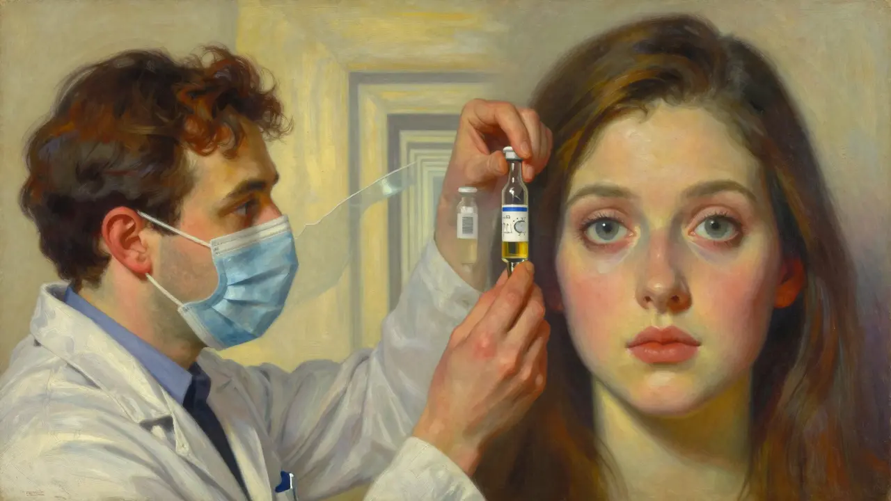 Un médecin diminue progressivement les gouttes stéroïdiennes, tandis que la vision périphérique s'efface en toile de fond.