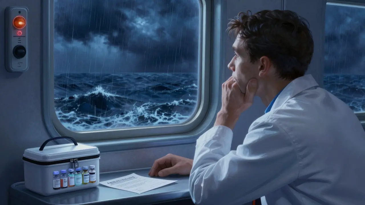 Un passager regarde la mer orageuse de sa cabine, avec une trousse médicale et une lettre du médecin sur la table de nuit.