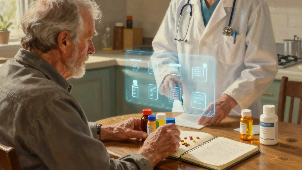 Un patient âgé range ses médicaments à la cuisine, accompagné d'une silhouette spectrale de pharmacien.
