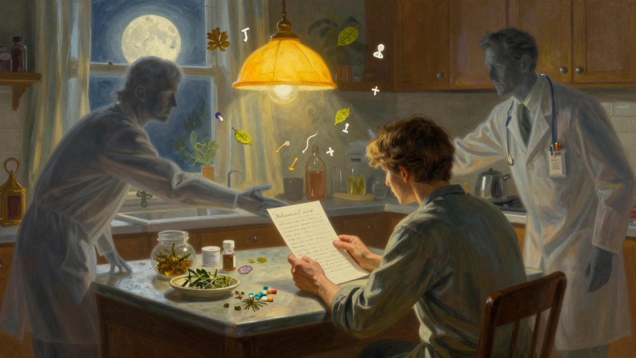 Un patient dénombre ses traitements sous une lampe, tandis que des professionnels de santé tendent la main depuis l&#039;ombre.