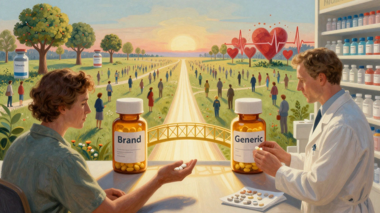 Un patient reçoit un médicament générique sur un pont lumineux reliant deux pilules identiques.