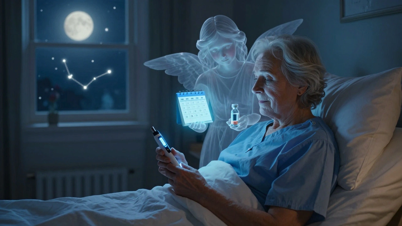 Un patient utilise un stylo à insuline connecté au lit, entouré d&#039;une lueur douce et d&#039;une silhouette bienveillante dans l&#039;ombre.