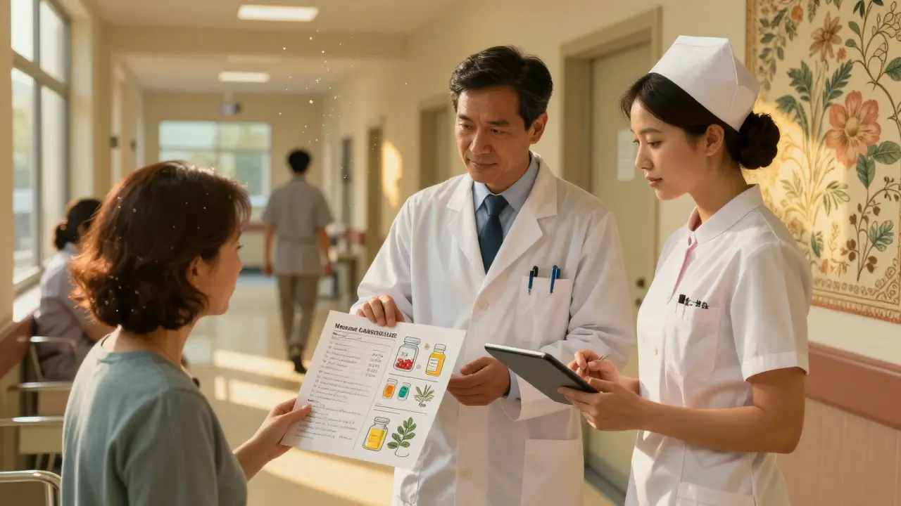 Un pharmacien et une infirmière comparent des listes de médicaments dans un couloir hospitalier ensoleillé.