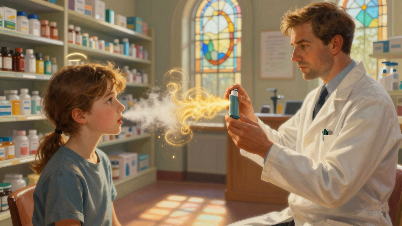 Un pharmacien montre à un patient comment utiliser correctement un inhalateur, avec un nuage lumineux de médicament qui s&#039;élève vers les poumons.