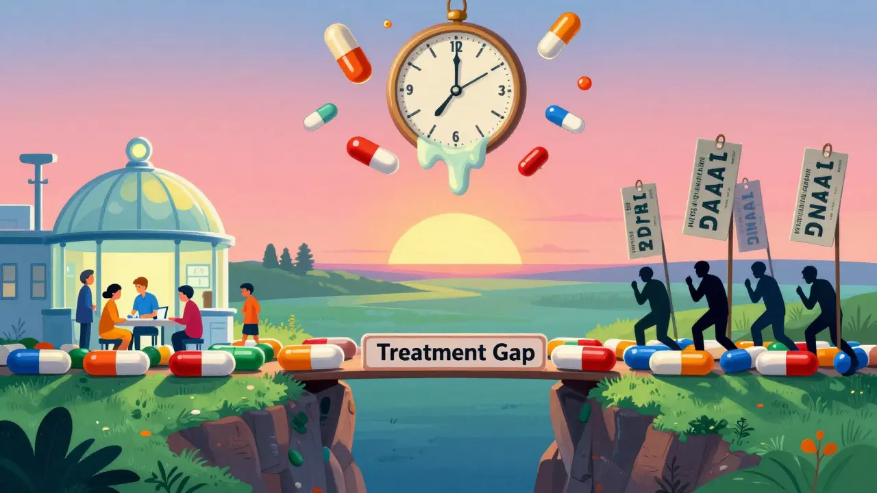 Un pont de comprimés relie des patients soignés à des personnes opprimées par les coûts, sous un ciel où un horloge fond en biosimilaires.