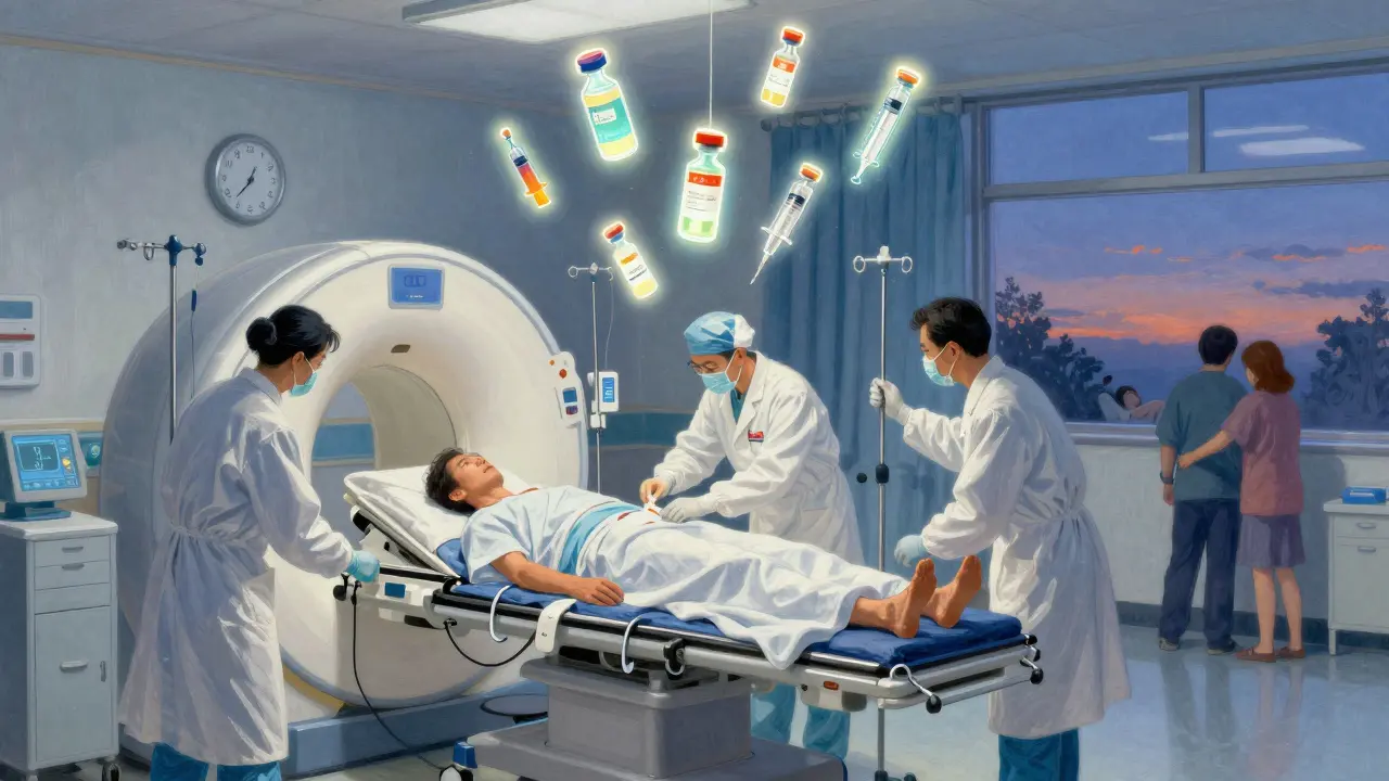 Une équipe médicale administre des médicaments par voie intraveineuse à un patient avant un scanner, dans une ambiance lumineuse et dramatique.