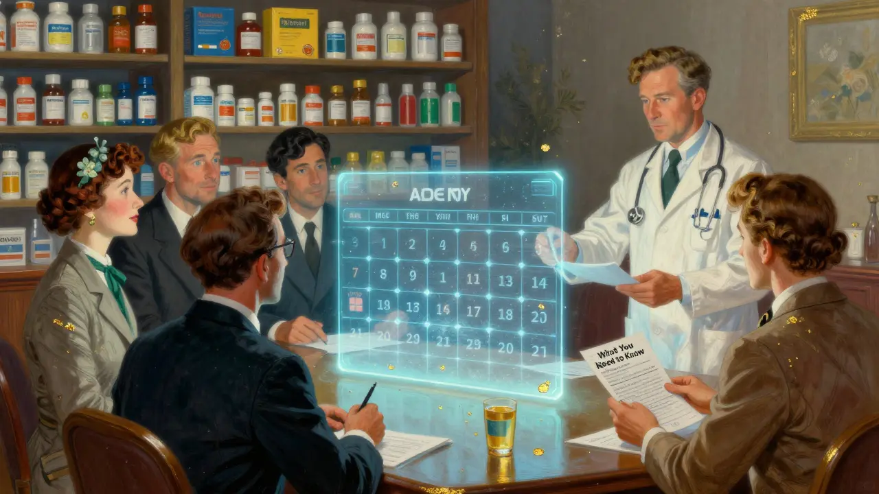 Une équipe médicale observe un calendrier holographique marqué des dates d'expiration de brevets, dans une salle de réunion élégante.