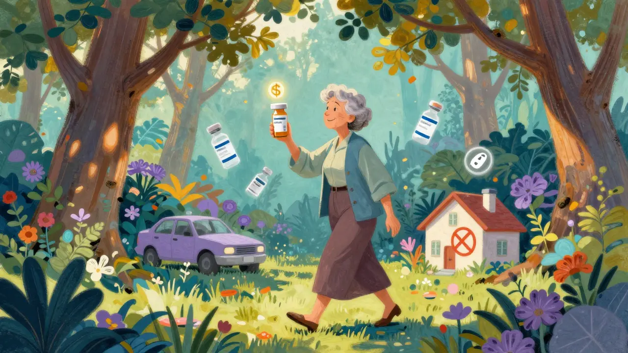 Une femme âgée marche dans un jardin fleuri, tenant une ordonnance avec un symbole '0 $' flottant au-dessus, entourée d'icônes de médicaments et d'objets exclus des actifs.