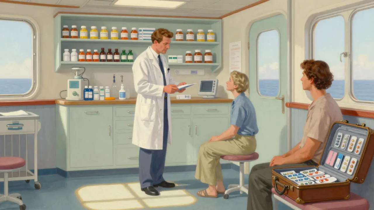 Une infirmerie de navire avec un médecin et un patient, des médicaments bien rangés et des rayons de soleil par les hublots.