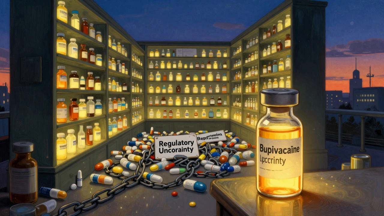 Une seule ampoule brillante se dresse parmi des centaines de médicaments génériques entravés par des chaînes.