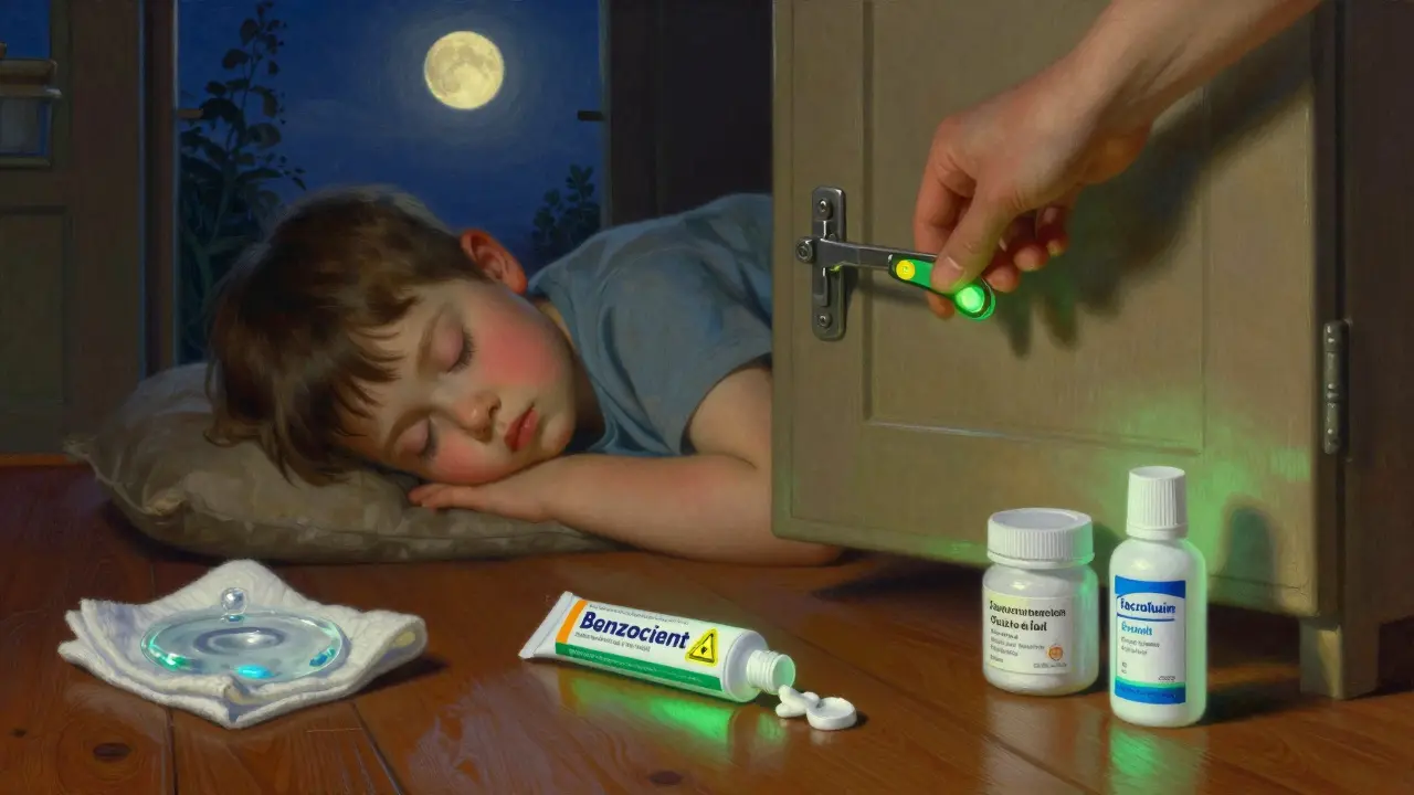 Armoire médicale verrouillée, avec un tube renversé de benzocaïne et des alternatives sûres à côté.